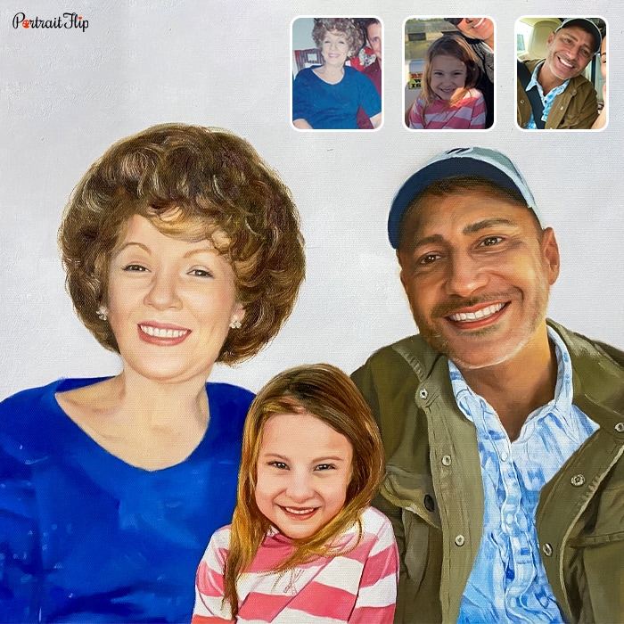 Acrylic painting where a young girl is placed in between a man and a woman